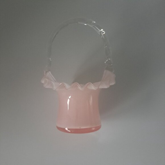 Fenton Overlay Pink Handled Glass Basket With Ruffled Edge - Picture 6 of 16